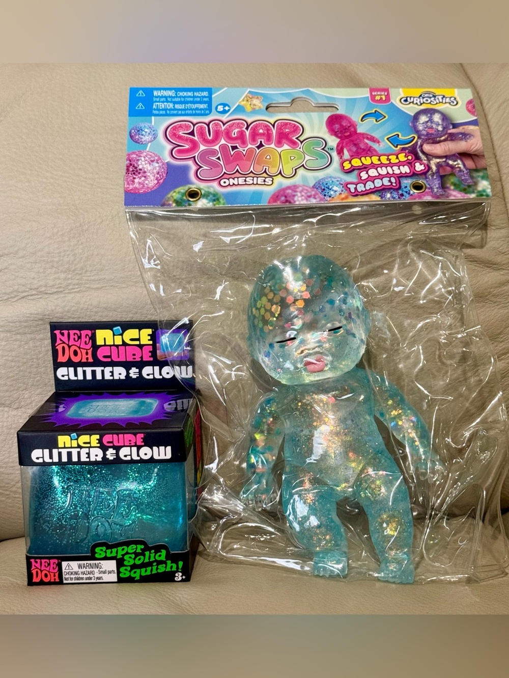 NEW NeeDoh BLUE Glitter & Glow Nice Cube & Sugar Swaps Onsies Baby Squishy